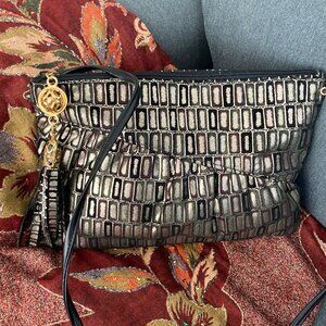 Vintage Pinky Genuine Leather Metallic Gold Black Handbag